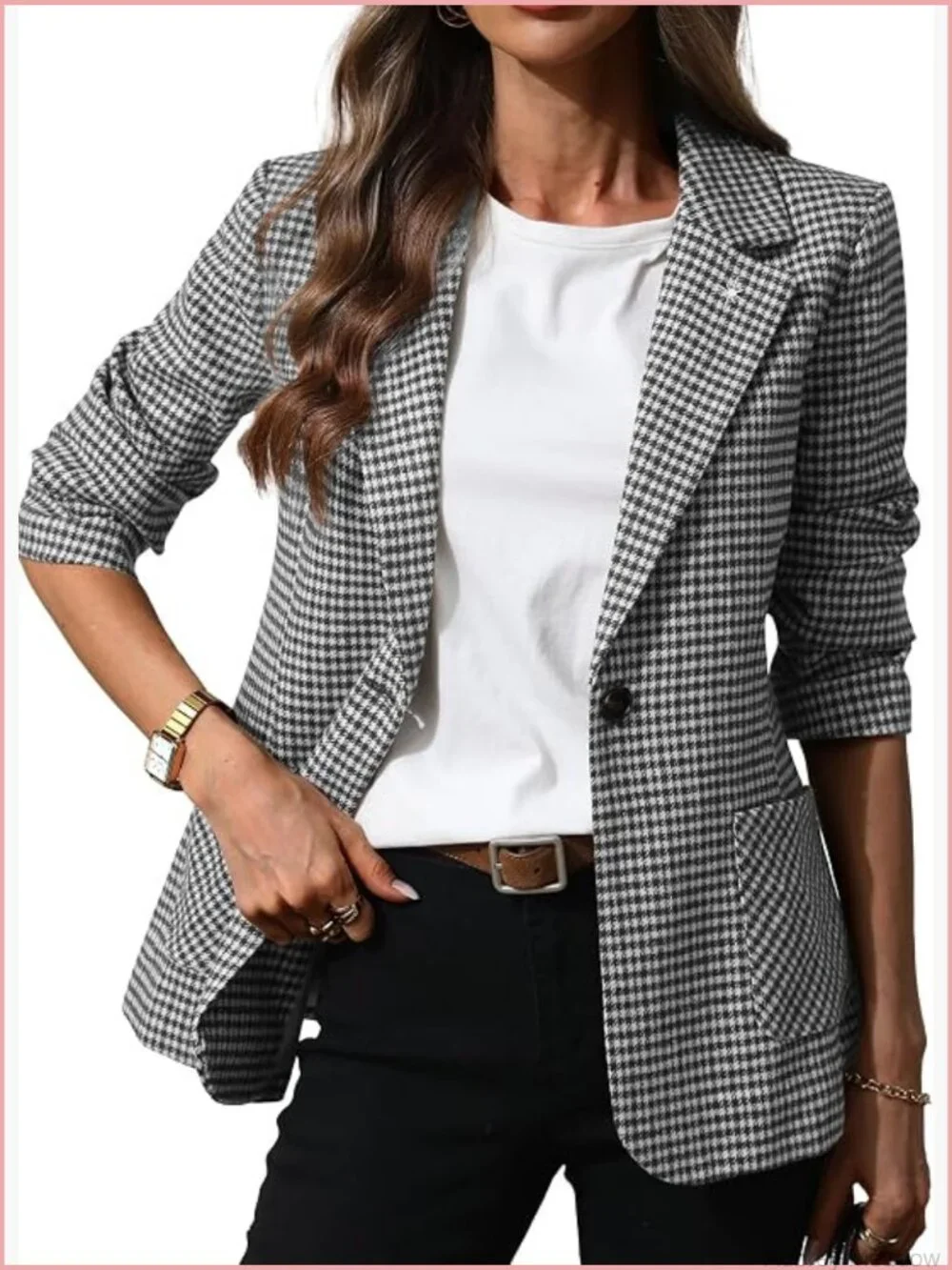 Houndstooth Plaid Blazer with Embroidered Collar - Business Casual Office
